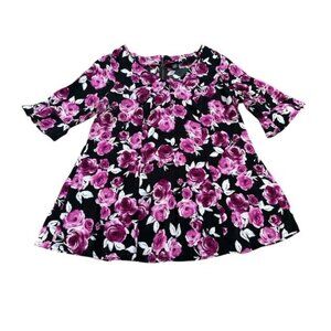 Torrid Tunic Top Sz 0 Rayon 3/4 bell sleeve purple Floral Rose Black White Zip